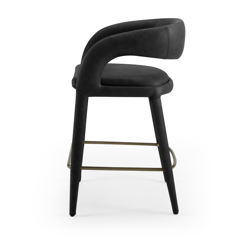 Cid Taya 26 Inch Counter Stool Chair, Curved Open Back, Black Faux Leather