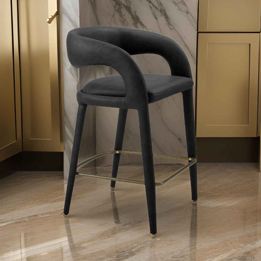 Cid Taya 26 Inch Counter Stool Chair, Curved Open Back, Black Faux Leather