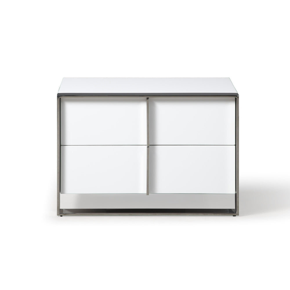 28 Inch Nightstand, High Gloss White, 2 Drawers, Sleek Chrome Handles