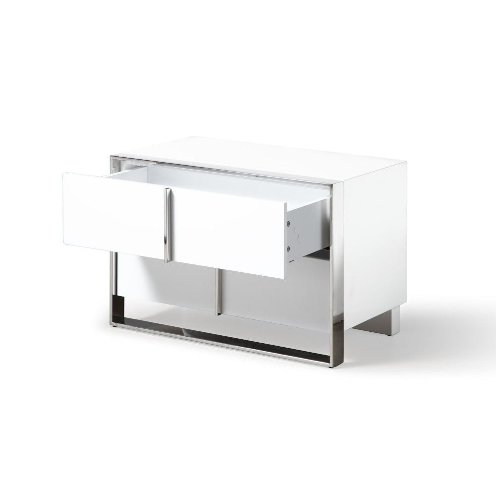 28 Inch Nightstand, High Gloss White, 2 Drawers, Sleek Chrome Handles