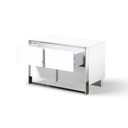 28 Inch Nightstand, High Gloss White, 2 Drawers, Sleek Chrome Handles