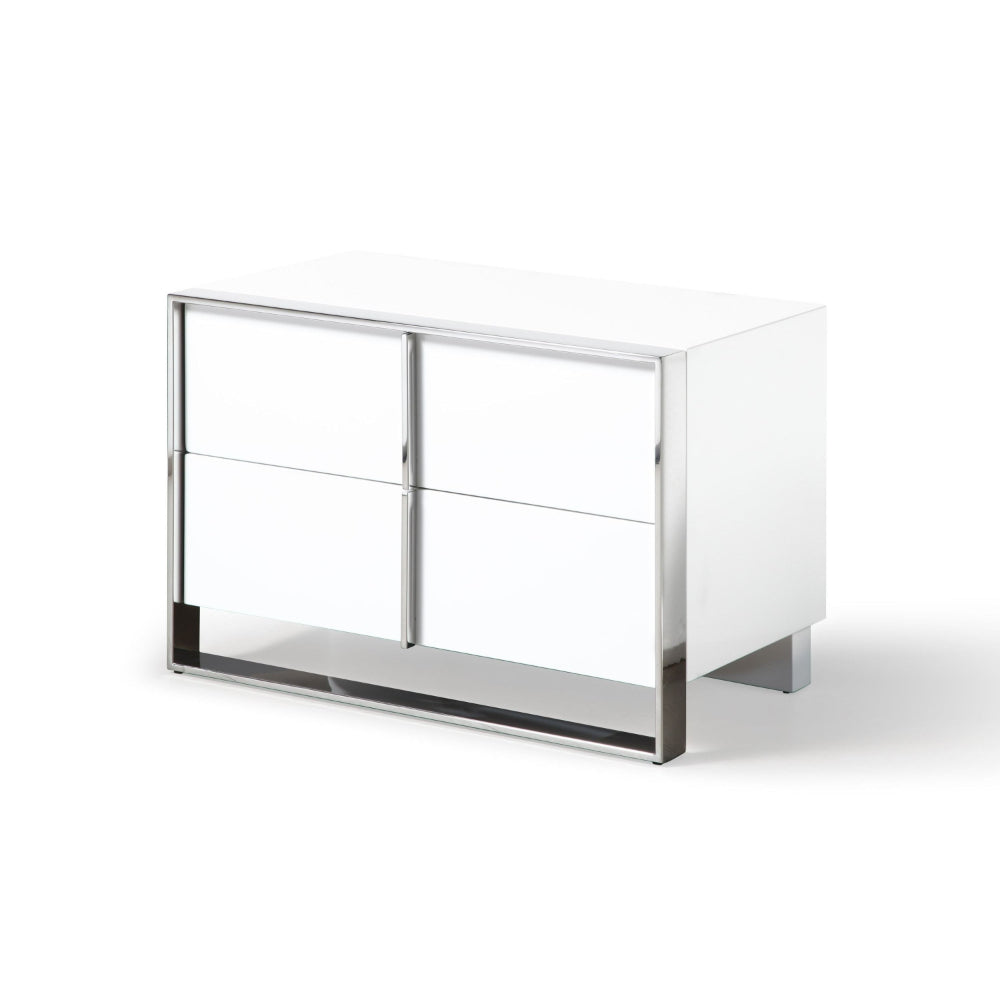 28 Inch Nightstand, High Gloss White, 2 Drawers, Sleek Chrome Handles