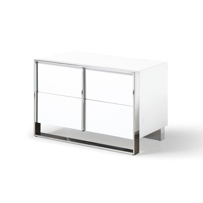 28 Inch Nightstand, High Gloss White, 2 Drawers, Sleek Chrome Handles