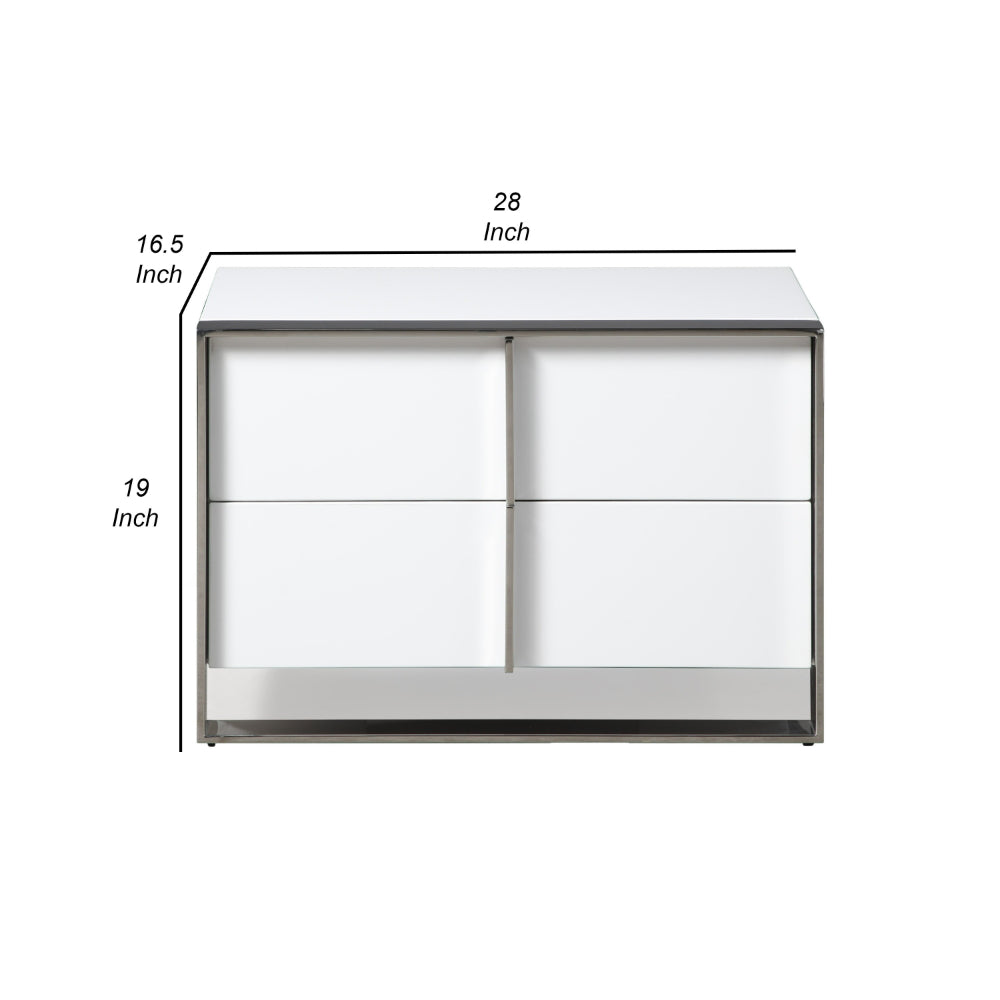 28 Inch Nightstand, High Gloss White, 2 Drawers, Sleek Chrome Handles