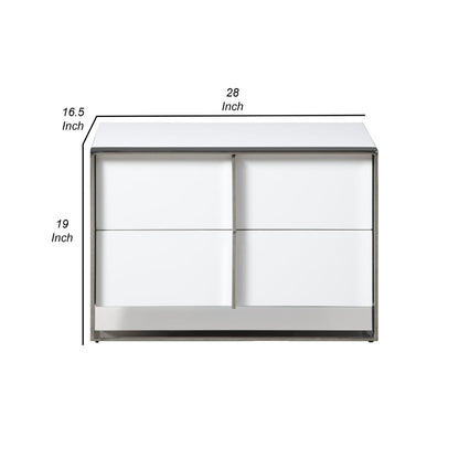 28 Inch Nightstand, High Gloss White, 2 Drawers, Sleek Chrome Handles