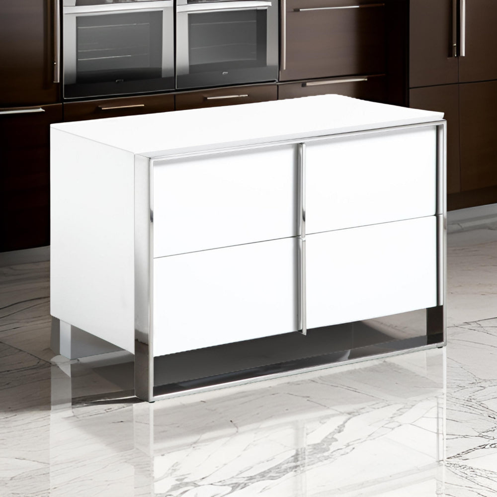 28 Inch Nightstand, High Gloss White, 2 Drawers, Sleek Chrome Handles