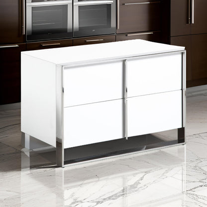 28 Inch Nightstand, High Gloss White, 2 Drawers, Sleek Chrome Handles