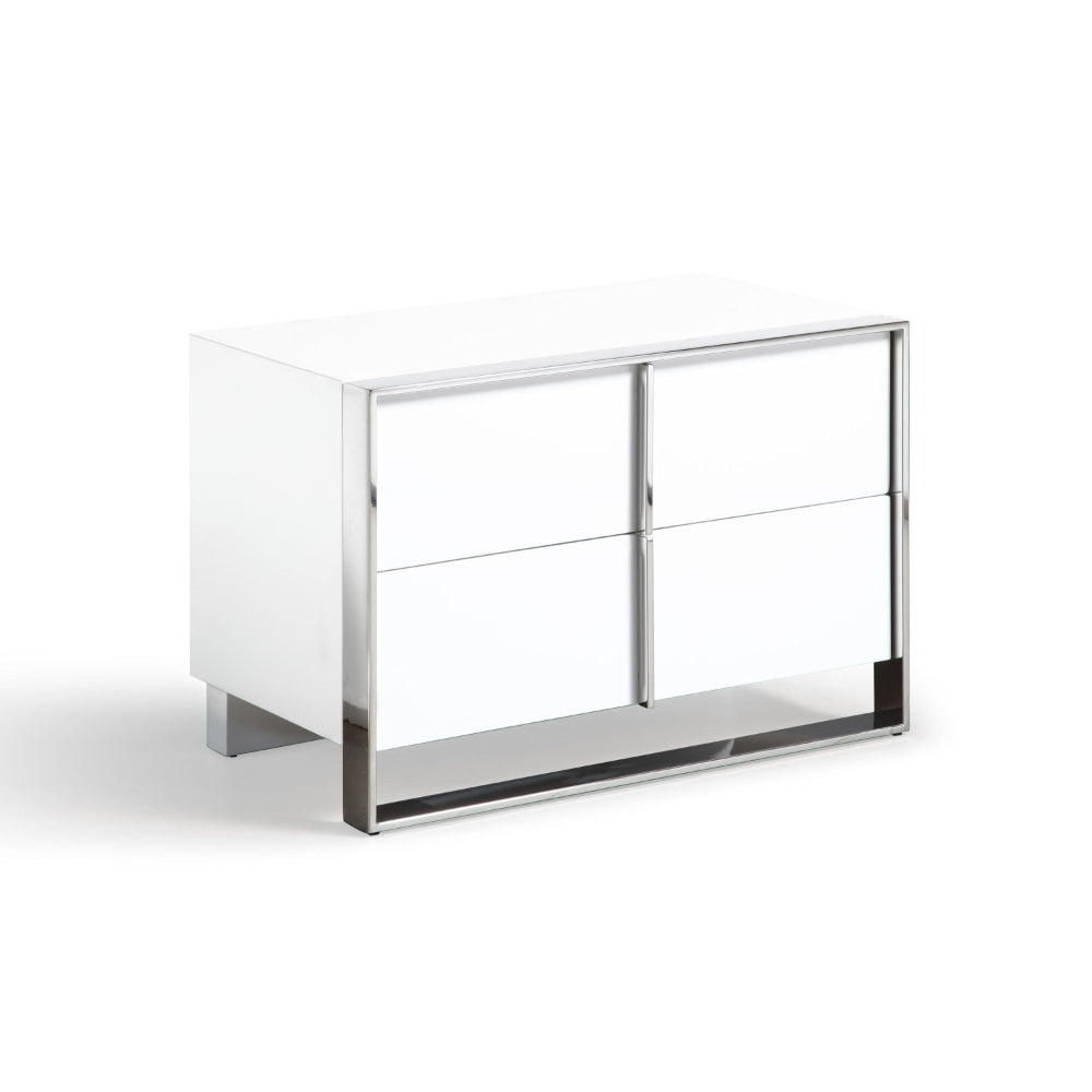 28 Inch Nightstand, High Gloss White, 2 Drawers, Sleek Chrome Handles