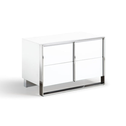 28 Inch Nightstand, High Gloss White, 2 Drawers, Sleek Chrome Handles