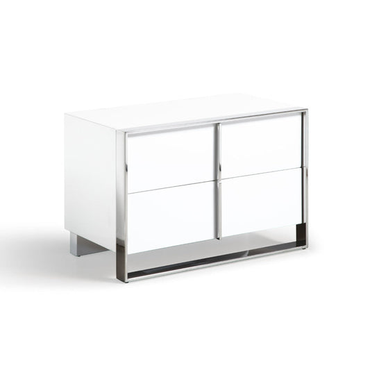 28 Inch Nightstand, High Gloss White, 2 Drawers, Sleek Chrome Handles