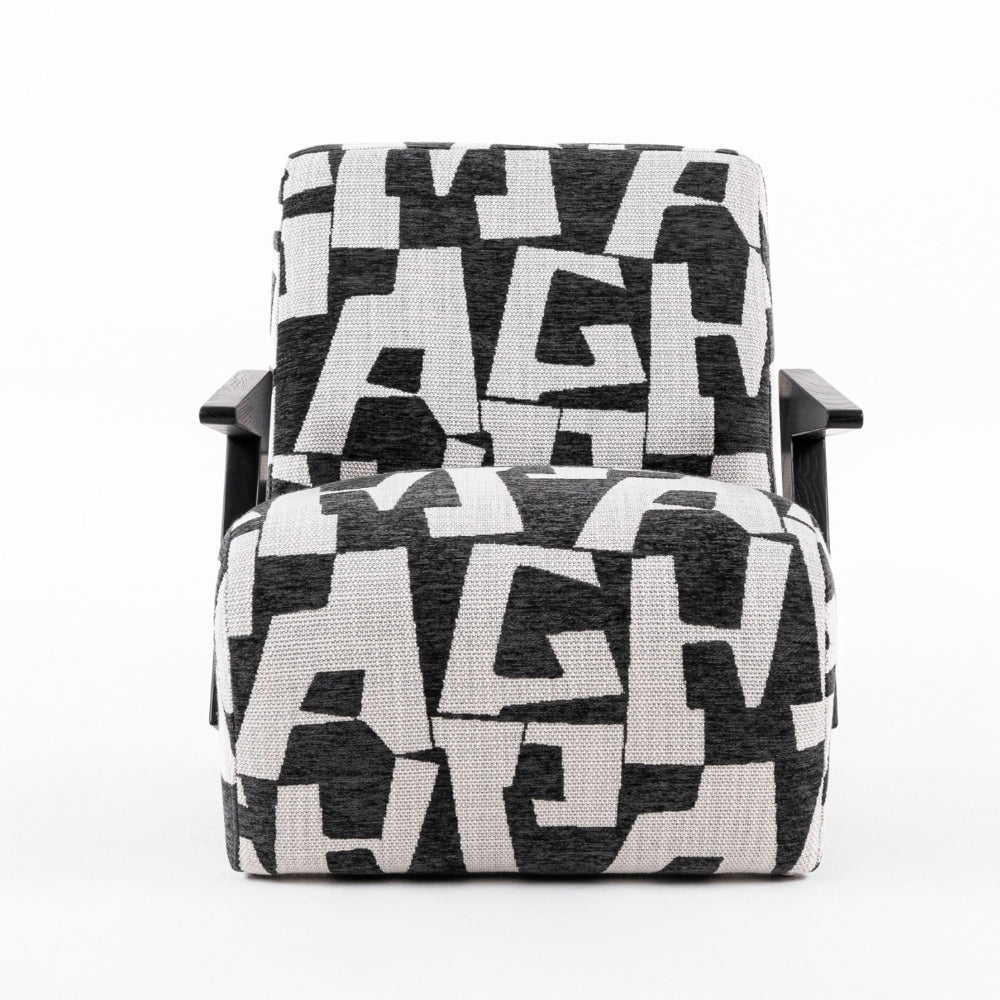27 Inch Accent Chair, Polyester Black and White Geometric Pattern Print