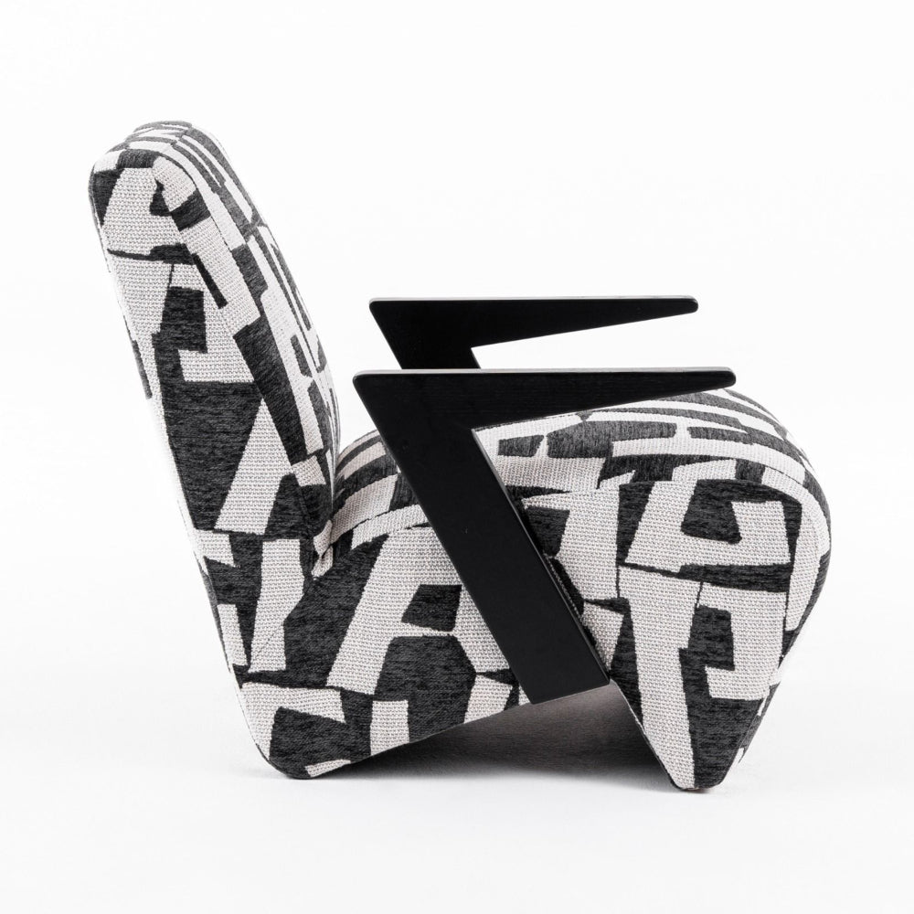 27 Inch Accent Chair, Polyester Black and White Geometric Pattern Print