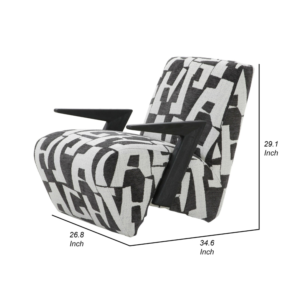 27 Inch Accent Chair, Polyester Black and White Geometric Pattern Print