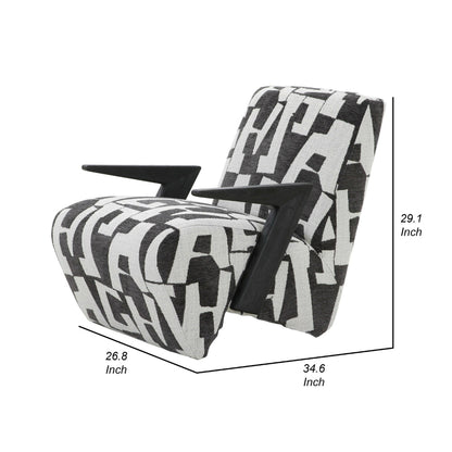 27 Inch Accent Chair, Polyester Black and White Geometric Pattern Print