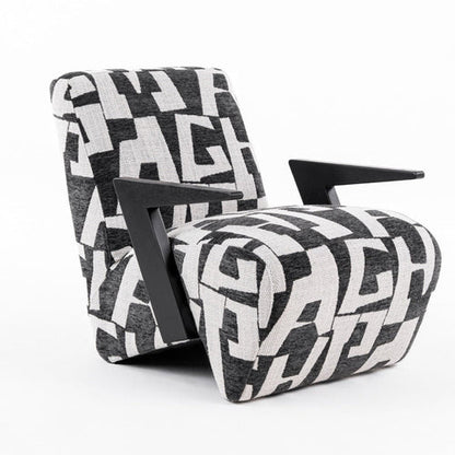27 Inch Accent Chair, Polyester Black and White Geometric Pattern Print
