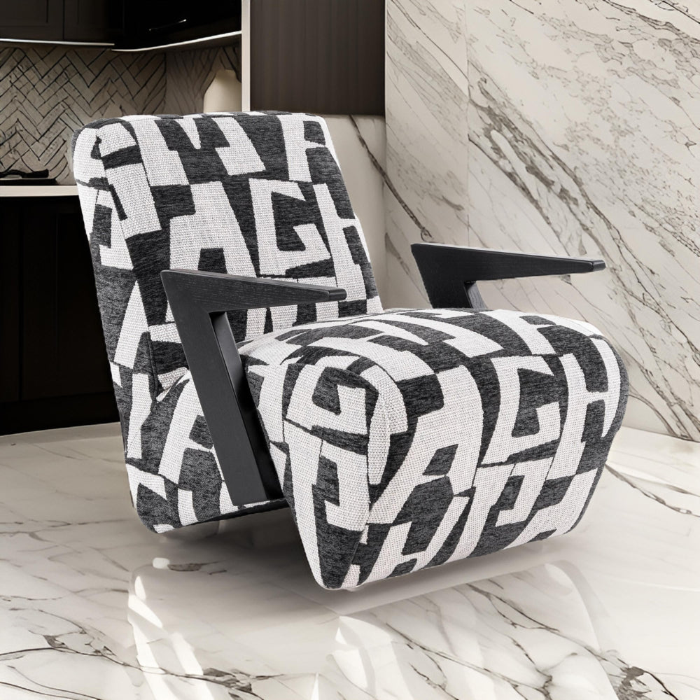 27 Inch Accent Chair, Polyester Black and White Geometric Pattern Print