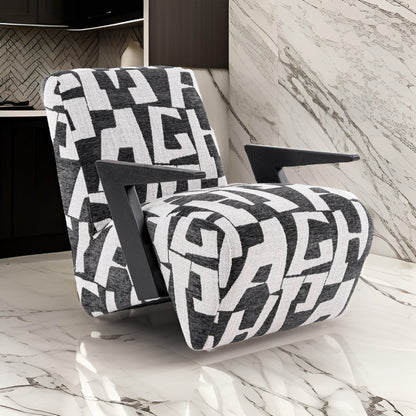 27 Inch Accent Chair, Polyester Black and White Geometric Pattern Print