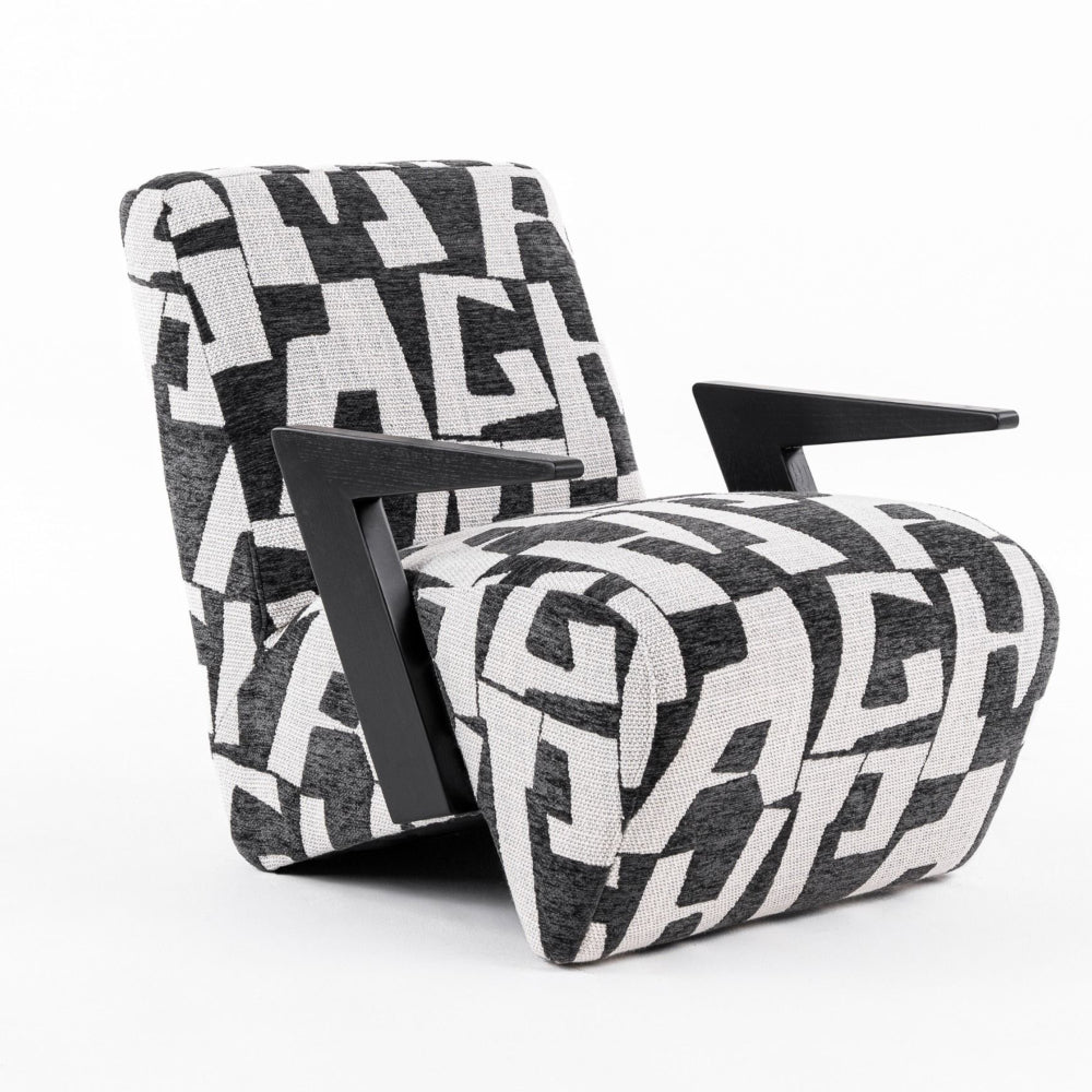 27 Inch Accent Chair, Polyester Black and White Geometric Pattern Print