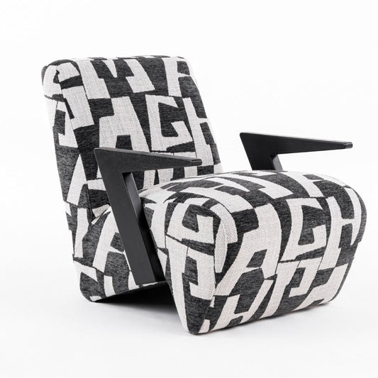 27 Inch Accent Chair, Polyester Black and White Geometric Pattern Print