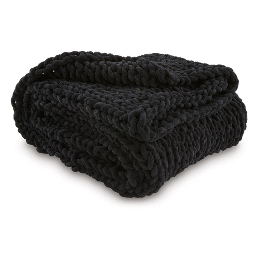 Deon Throw Blanket Set of 3, Hand Knitted Soft Chenille, Black Finish