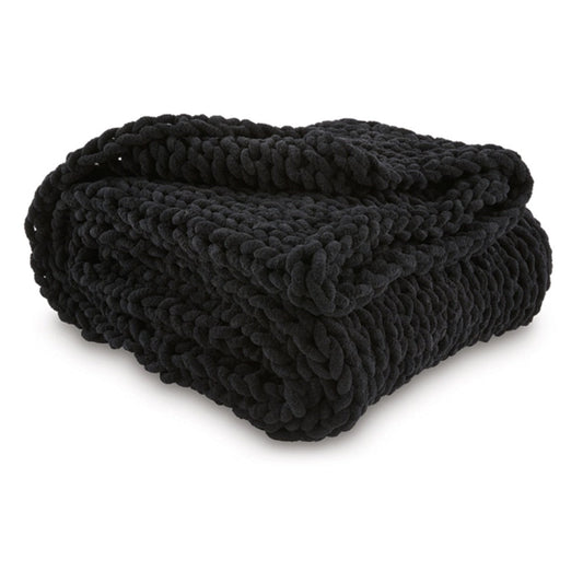 Deon Throw Blanket Set of 3, Hand Knitted Soft Chenille, Black Finish
