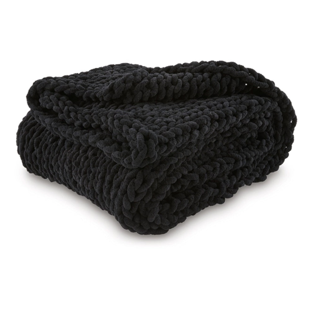 Deon Throw Blanket Set of 3, Hand Knitted Soft Chenille, Black Finish