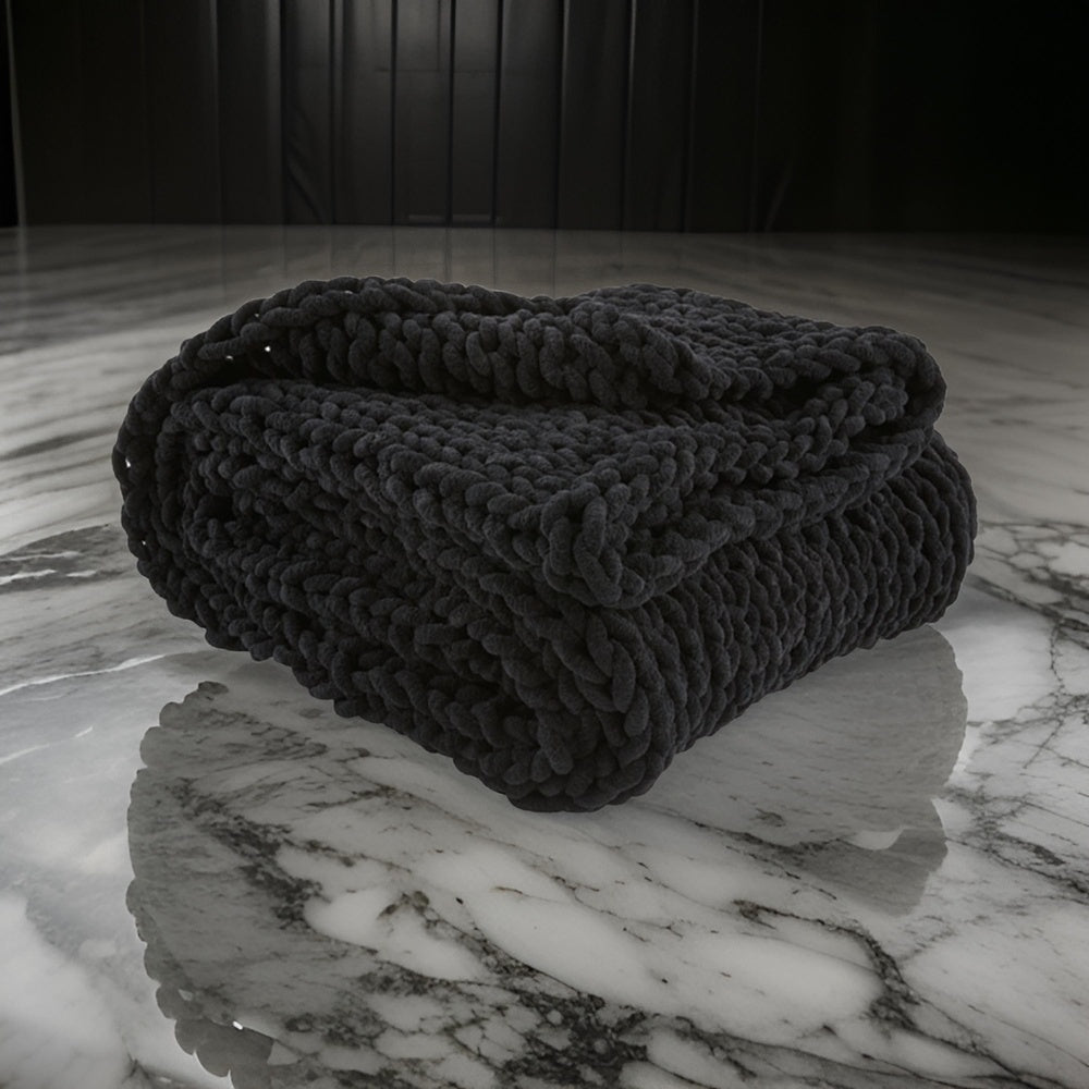 Deon Throw Blanket Set of 3, Hand Knitted Soft Chenille, Black Finish