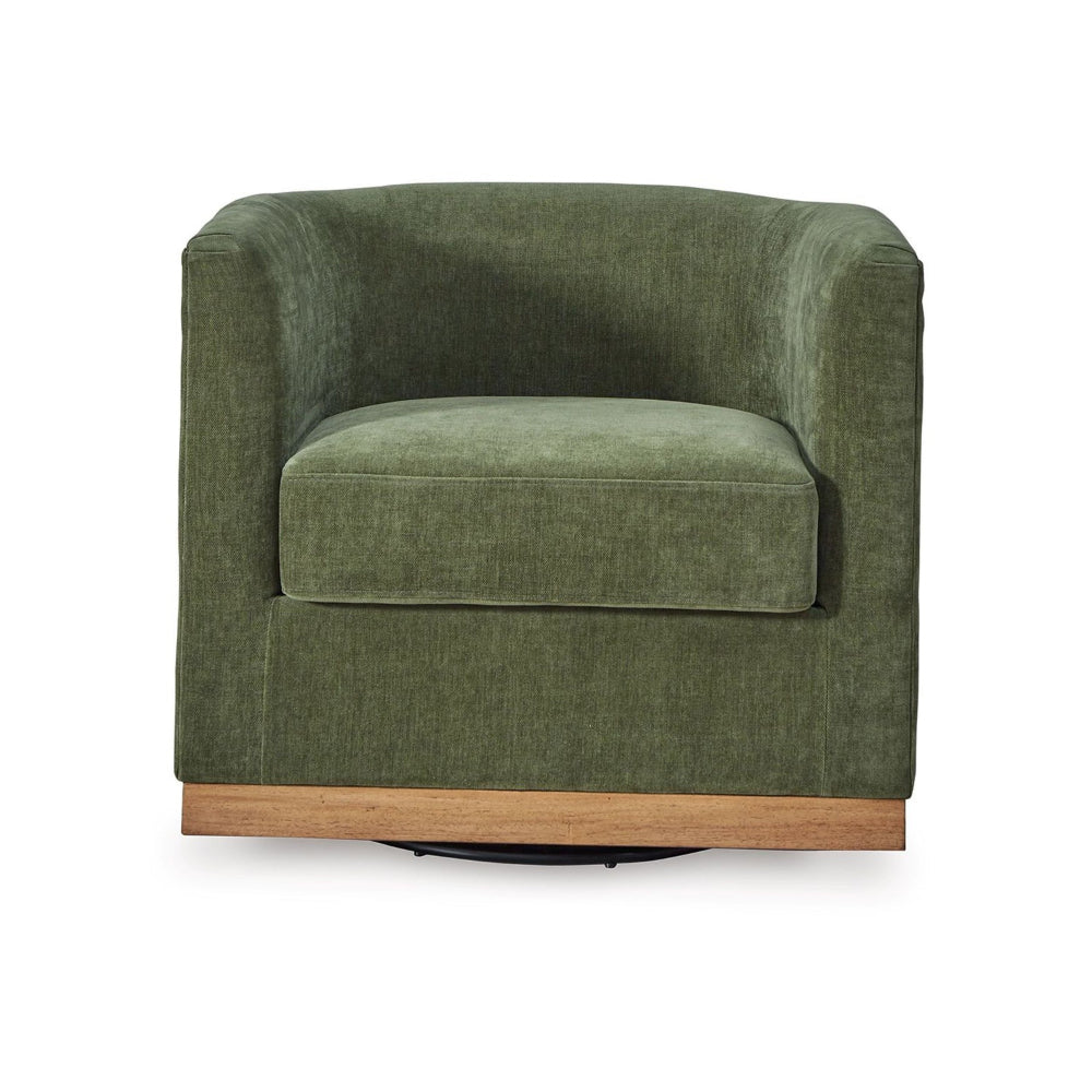 Swivel Accent Chair, Green Cushioned Fabric, Barrel Style, Brown Wood Base