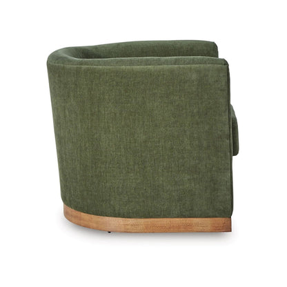 Swivel Accent Chair, Green Cushioned Fabric, Barrel Style, Brown Wood Base