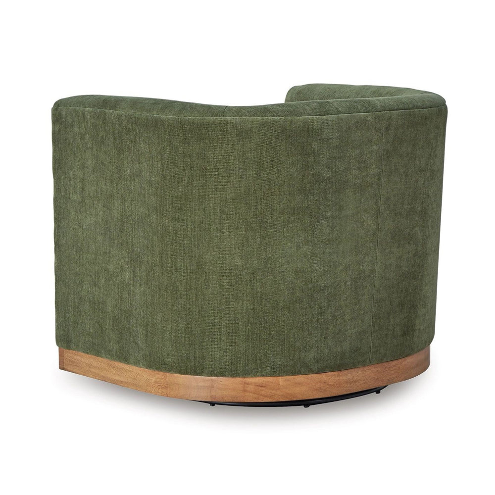 Swivel Accent Chair, Green Cushioned Fabric, Barrel Style, Brown Wood Base