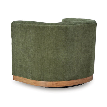 Swivel Accent Chair, Green Cushioned Fabric, Barrel Style, Brown Wood Base