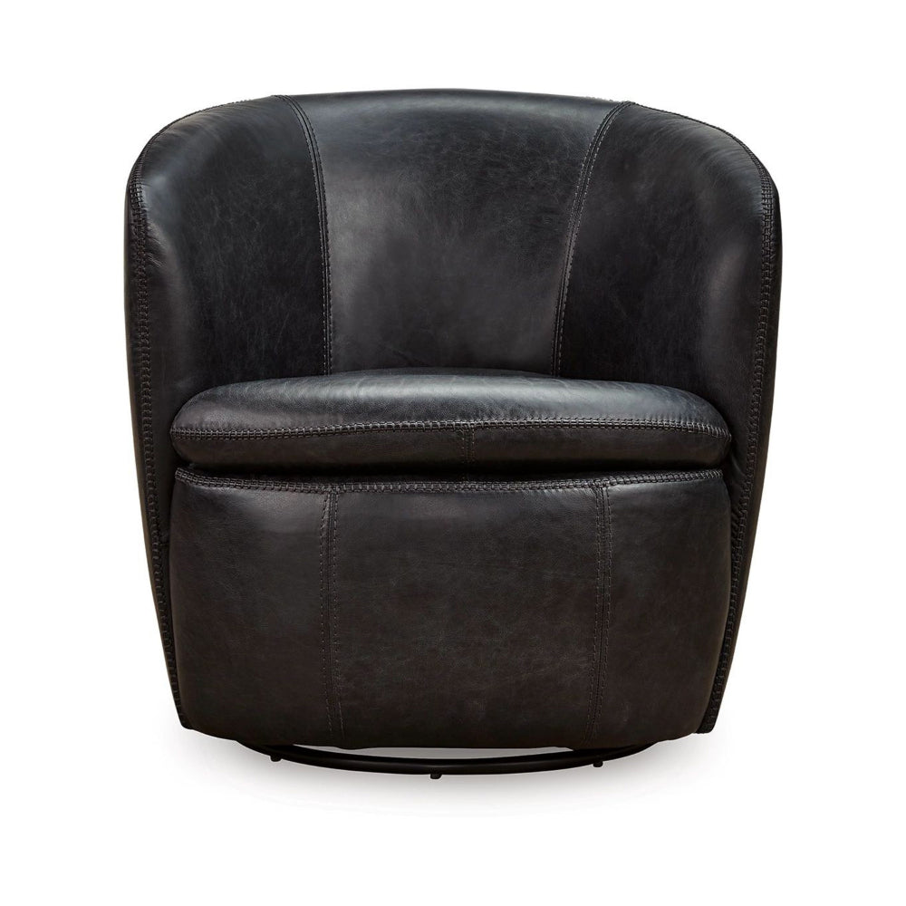 Niko Swivel Accent Chair, Round Barrel Design, Dark Blue Top Grain Leather