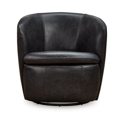 Niko Swivel Accent Chair, Round Barrel Design, Dark Blue Top Grain Leather