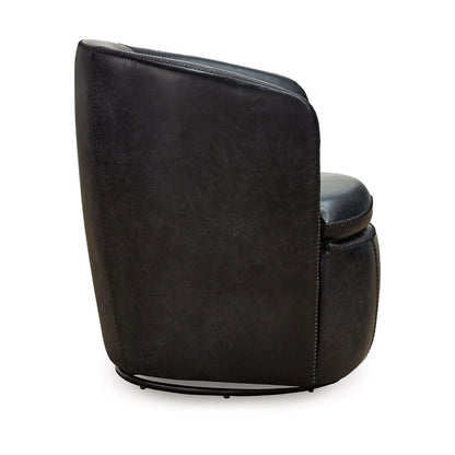 Niko Swivel Accent Chair, Round Barrel Design, Dark Blue Top Grain Leather