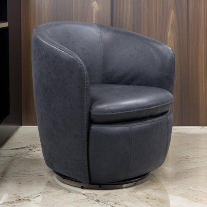 Niko Swivel Accent Chair, Round Barrel Design, Blue Top Grain Leather