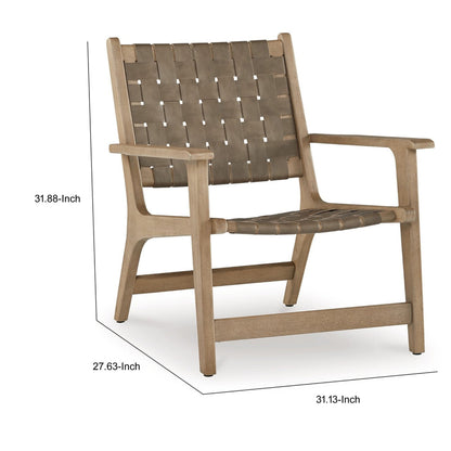 Woven Accent Chair, Taupe Faux Leather Strips, Basket Weave Pattern, Brown