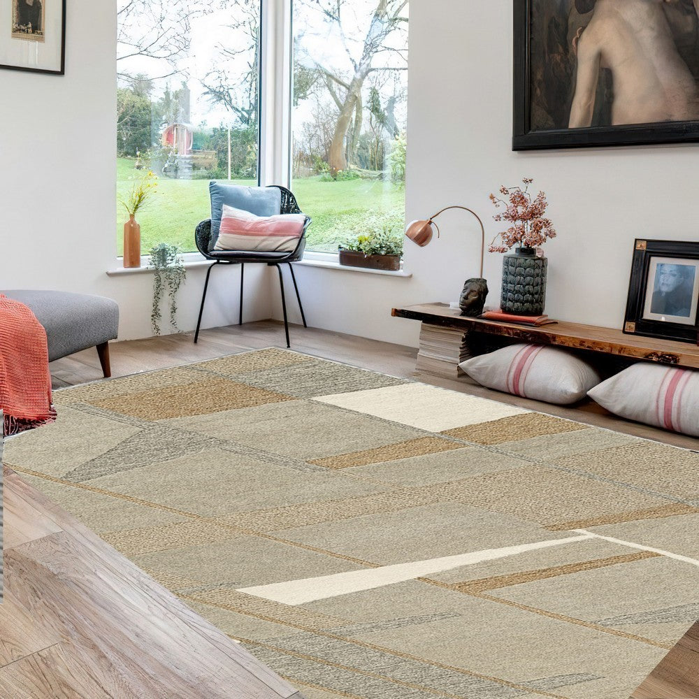 Teon 5 x 7 Medium Area Rug, Woven Geometric Pattern Gray Taupe Wool