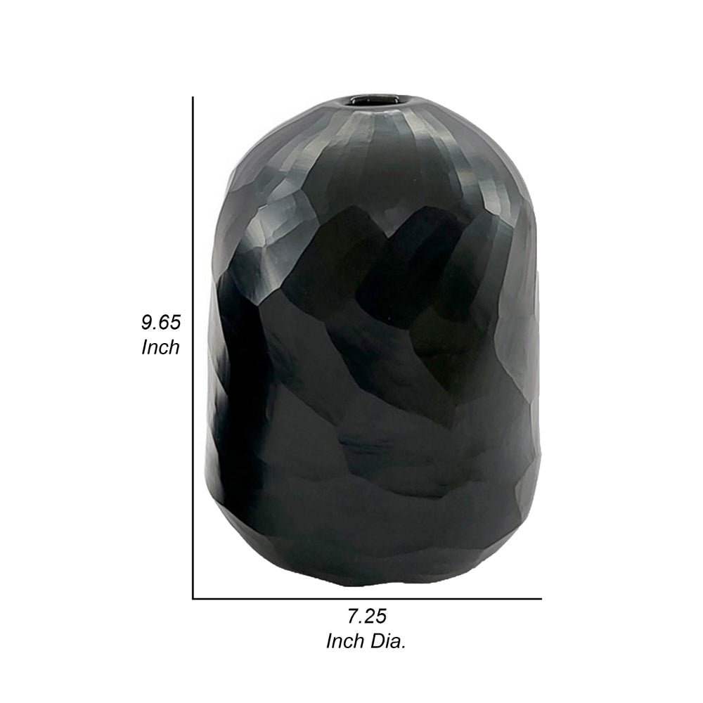 Fory Flower Vase, Modern Round Oval Shaped Hand Carved Black Glass Finish