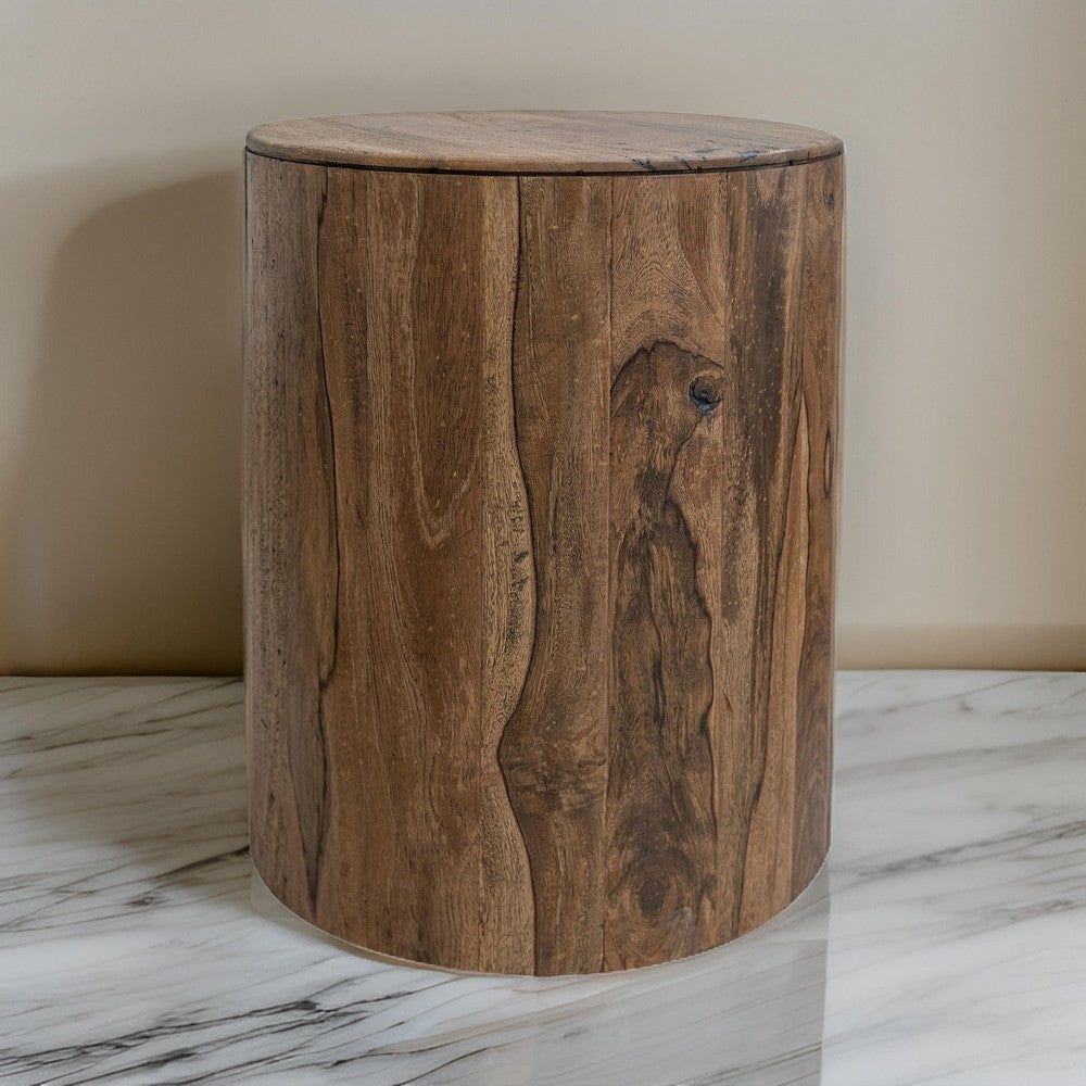 Eray Chairside Table, Drum Shape, Light Brown Teak, Mango Wood, 18 In