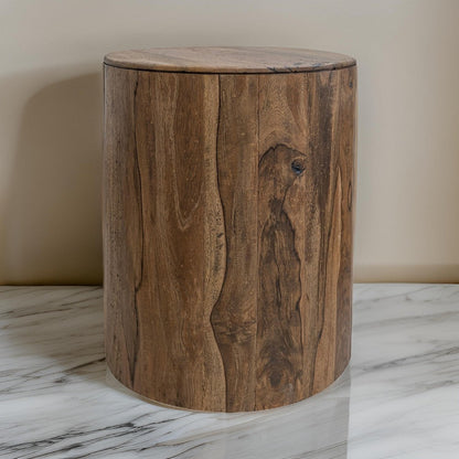 Eray Chairside Table, Drum Shape, Light Brown Teak, Mango Wood, 18 In