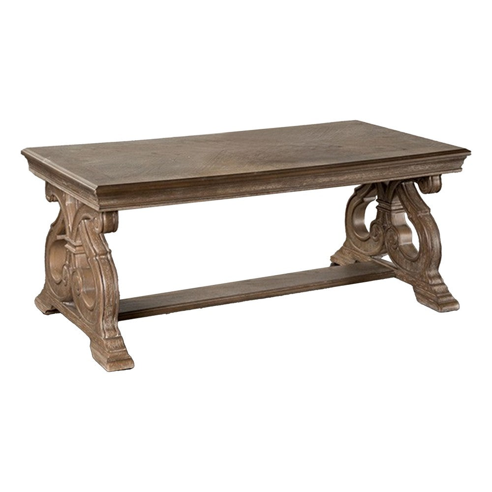 Gia Coffee Table, 52 Inch Rectangular Top, Carved Details, Brown Solid Wood
