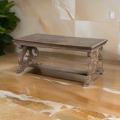 Gia Coffee Table, 52 Inch Rectangular Top, Carved Details, Brown Solid Wood