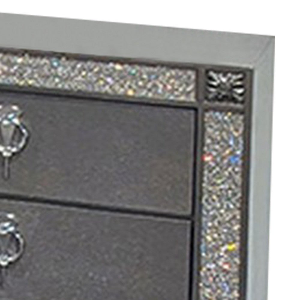 Laine Nightstand, 2 Drawers, Crystal Like Acrylic Trim, Gray Solid Wood