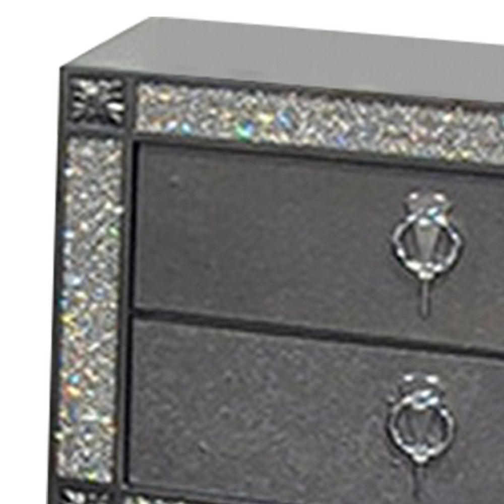 Laine Nightstand, 2 Drawers, Crystal Like Acrylic Trim, Gray Solid Wood