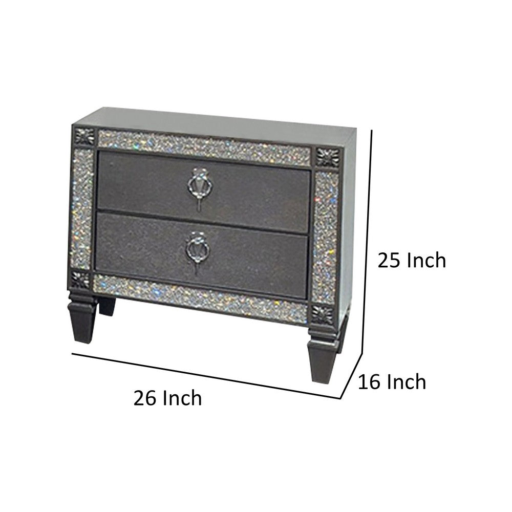 Laine Nightstand, 2 Drawers, Crystal Like Acrylic Trim, Gray Solid Wood