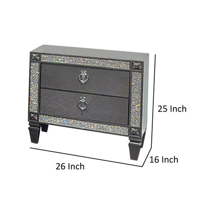 Laine Nightstand, 2 Drawers, Crystal Like Acrylic Trim, Gray Solid Wood
