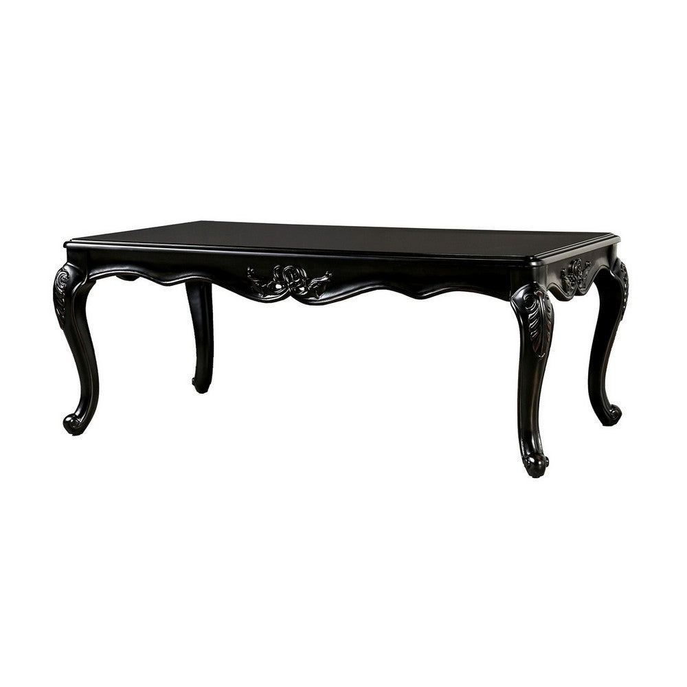 Roche Coffee Table, 53 Inch, Classical Cabriole Legs, Dark Brown Solid Wood