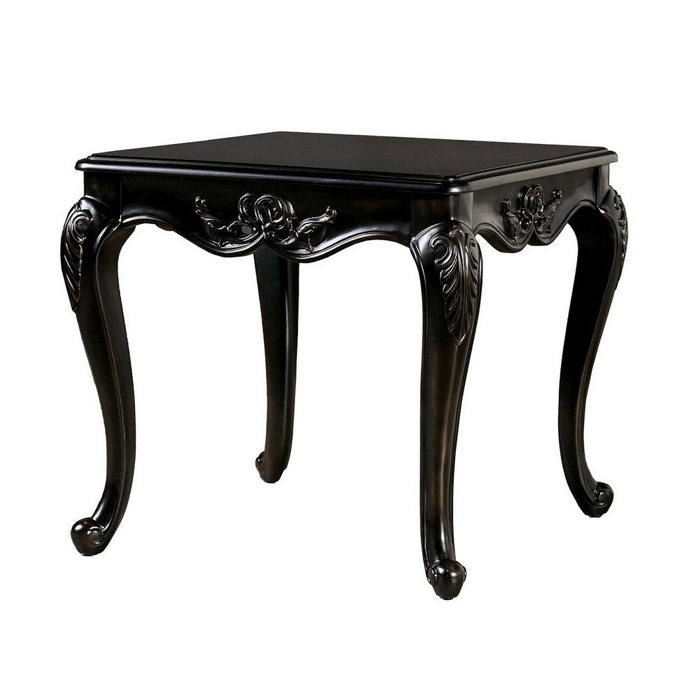 Roche Side End Table, 29 Inch, Classic Cabriole Legs, Dark Brown Solid Wood