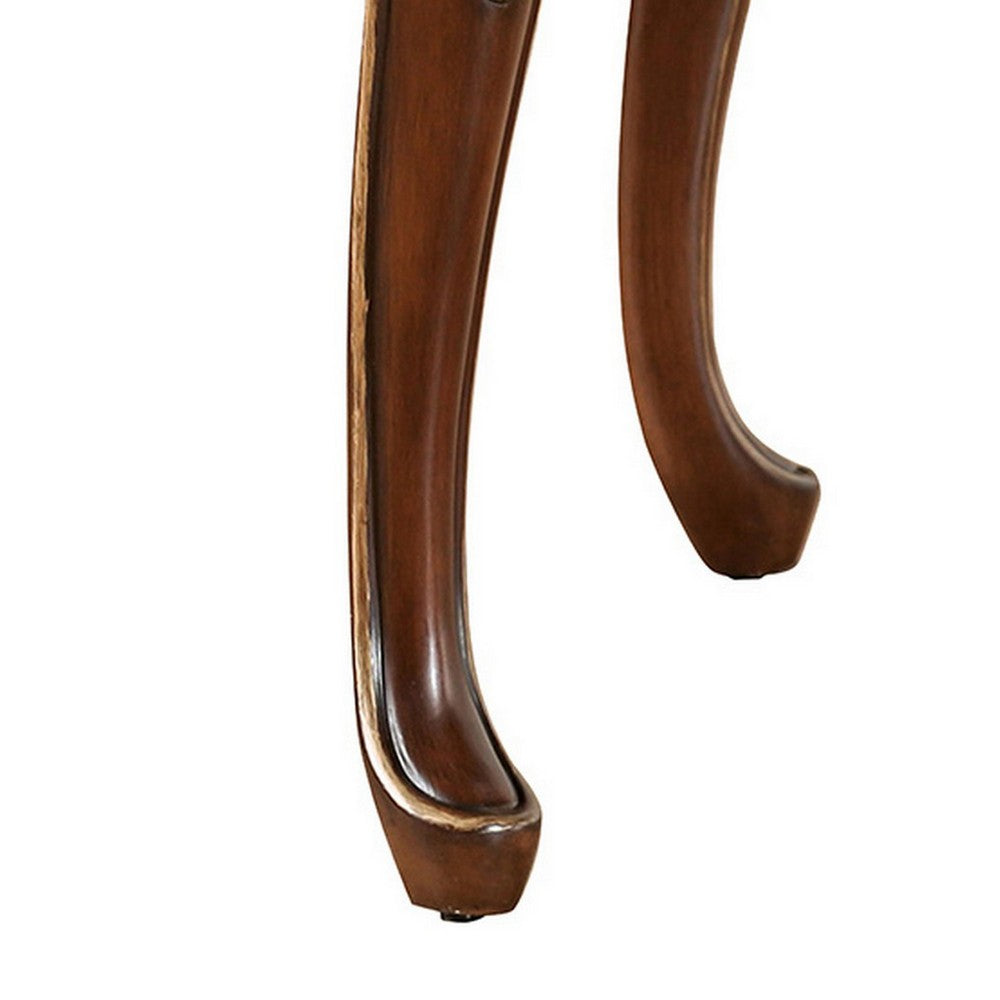 Saili Side End Table, Gold Carvings, 29 Inch, Cabriole, Tobacco Brown Wood