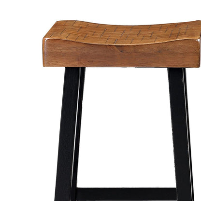 Bianca Barstool Set of 2, Light Brown Saddle Seat, Black Solid Wood